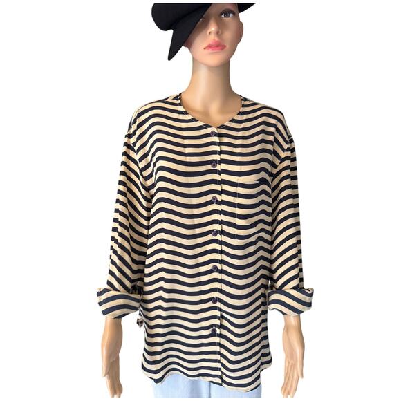 Anne Klein II Silk Button Up Blouse in Navy/Beige Stripe, Size 10 - Picture 1 of 7